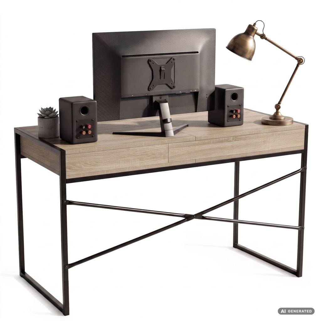 Birou stil industrial, MDF melaminat, cu 2 sertare si raft, cadru metalic, 123x48x81 cm, stejar sonoma — imaginea 7