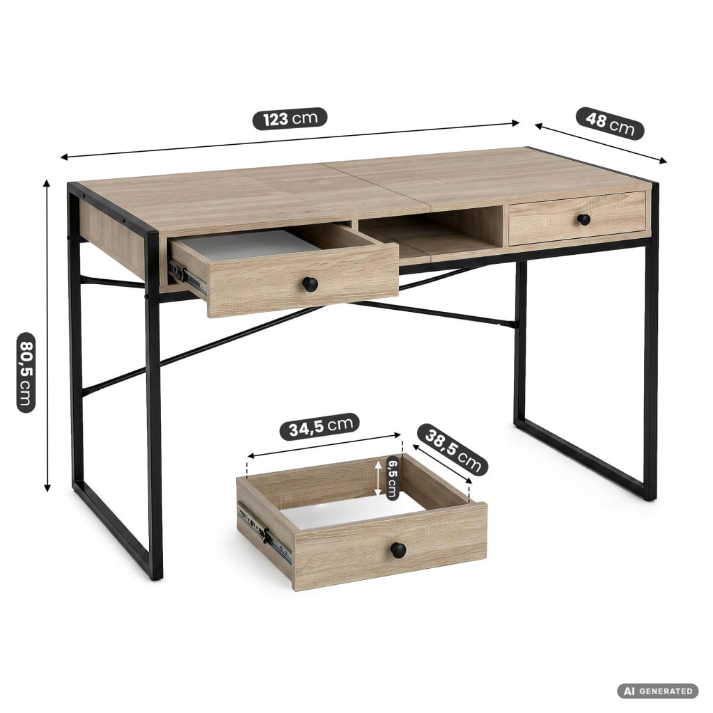 Birou stil industrial, MDF melaminat, cu 2 sertare si raft, cadru metalic, 123x48x81 cm, stejar sonoma — imaginea 8
