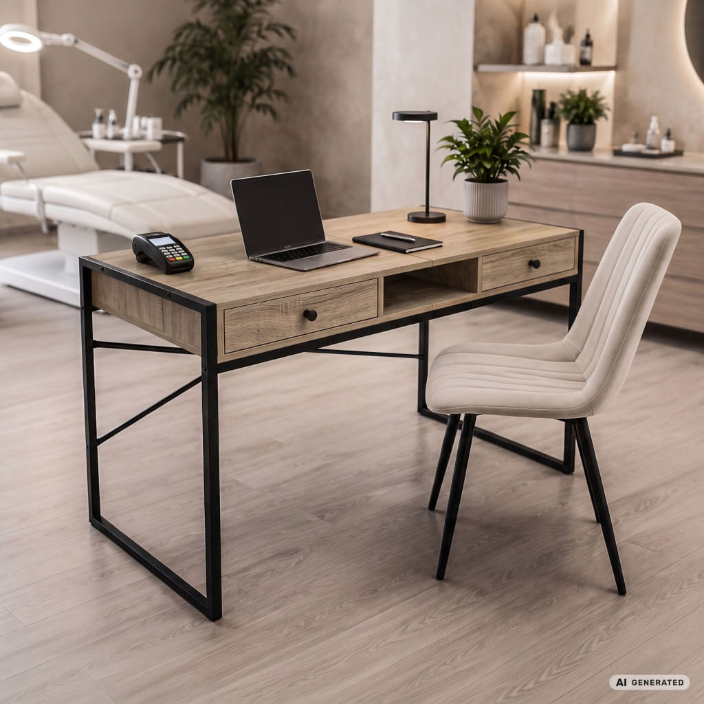 Birou stil industrial, MDF melaminat, cu 2 sertare si raft, cadru metalic, 123x48x81 cm, stejar sonoma — imaginea 9