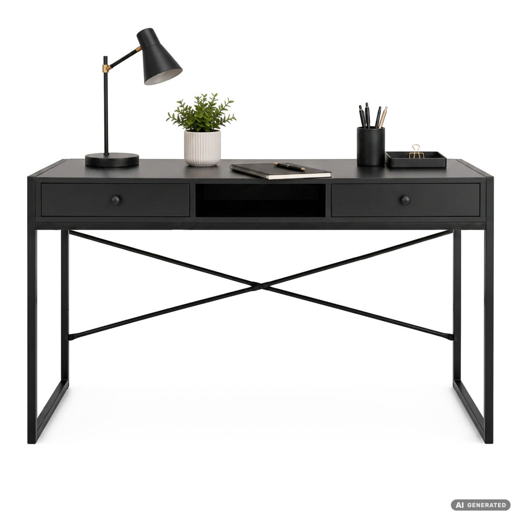 Birou stil industrial, MDF melaminat, cu 2 sertare si raft, cadru metalic, 123x48x81 cm, negru — imaginea 2