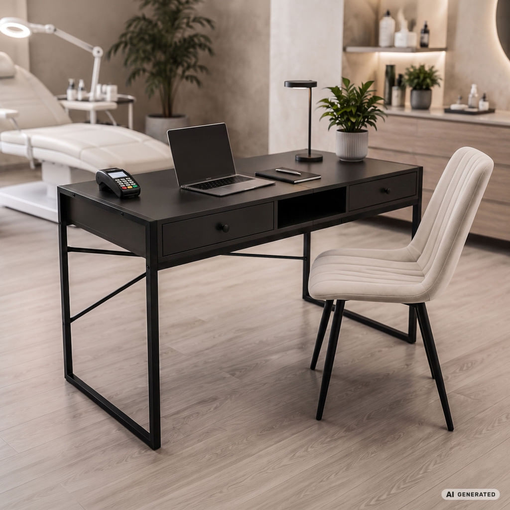 Birou stil industrial, MDF melaminat, cu 2 sertare si raft, cadru metalic, 123x48x81 cm, negru — imaginea 3