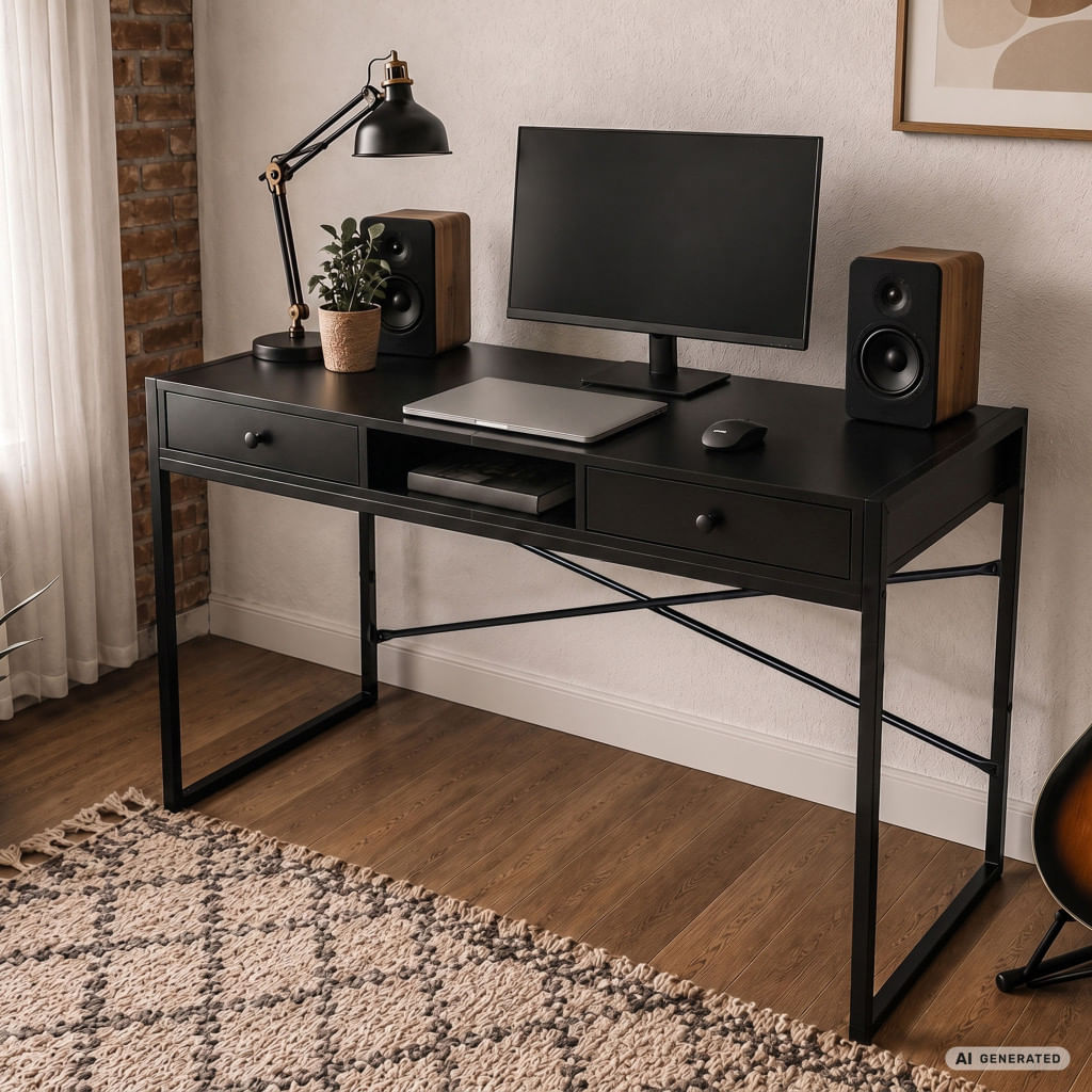 Birou stil industrial, MDF melaminat, cu 2 sertare si raft, cadru metalic, 123x48x81 cm, negru — imaginea 5