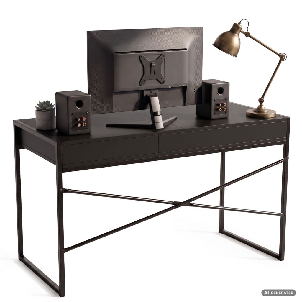 Birou stil industrial, MDF melaminat, cu 2 sertare si raft, cadru metalic, 123x48x81 cm, negru — imaginea 6