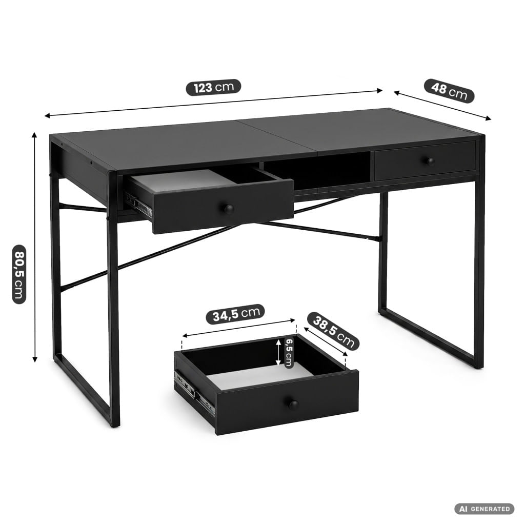 Birou stil industrial, MDF melaminat, cu 2 sertare si raft, cadru metalic, 123x48x81 cm, negru — imaginea 7