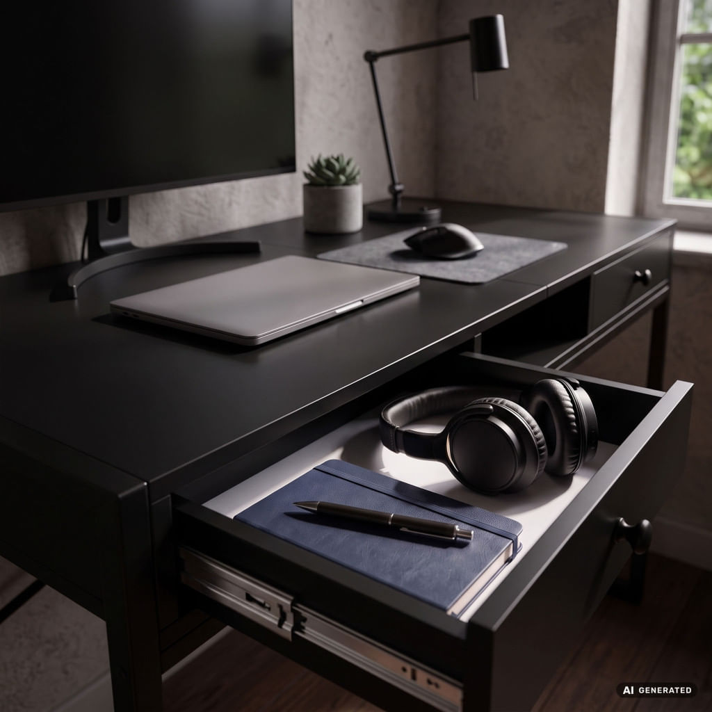 Birou stil industrial, MDF melaminat, cu 2 sertare si raft, cadru metalic, 123x48x81 cm, negru — imaginea 9
