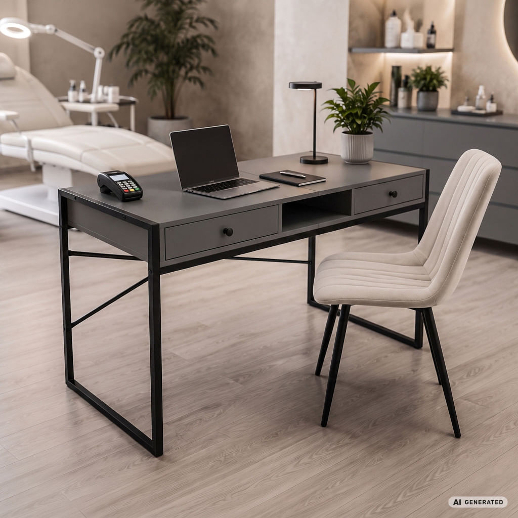 Birou stil industrial, MDF melaminat, cu 2 sertare si raft, cadru metalic, 123x48x81 cm, gri grafit — imaginea 2