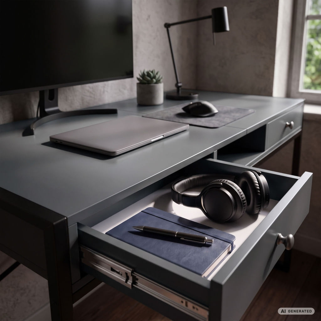 Birou stil industrial, MDF melaminat, cu 2 sertare si raft, cadru metalic, 123x48x81 cm, gri grafit — imaginea 3