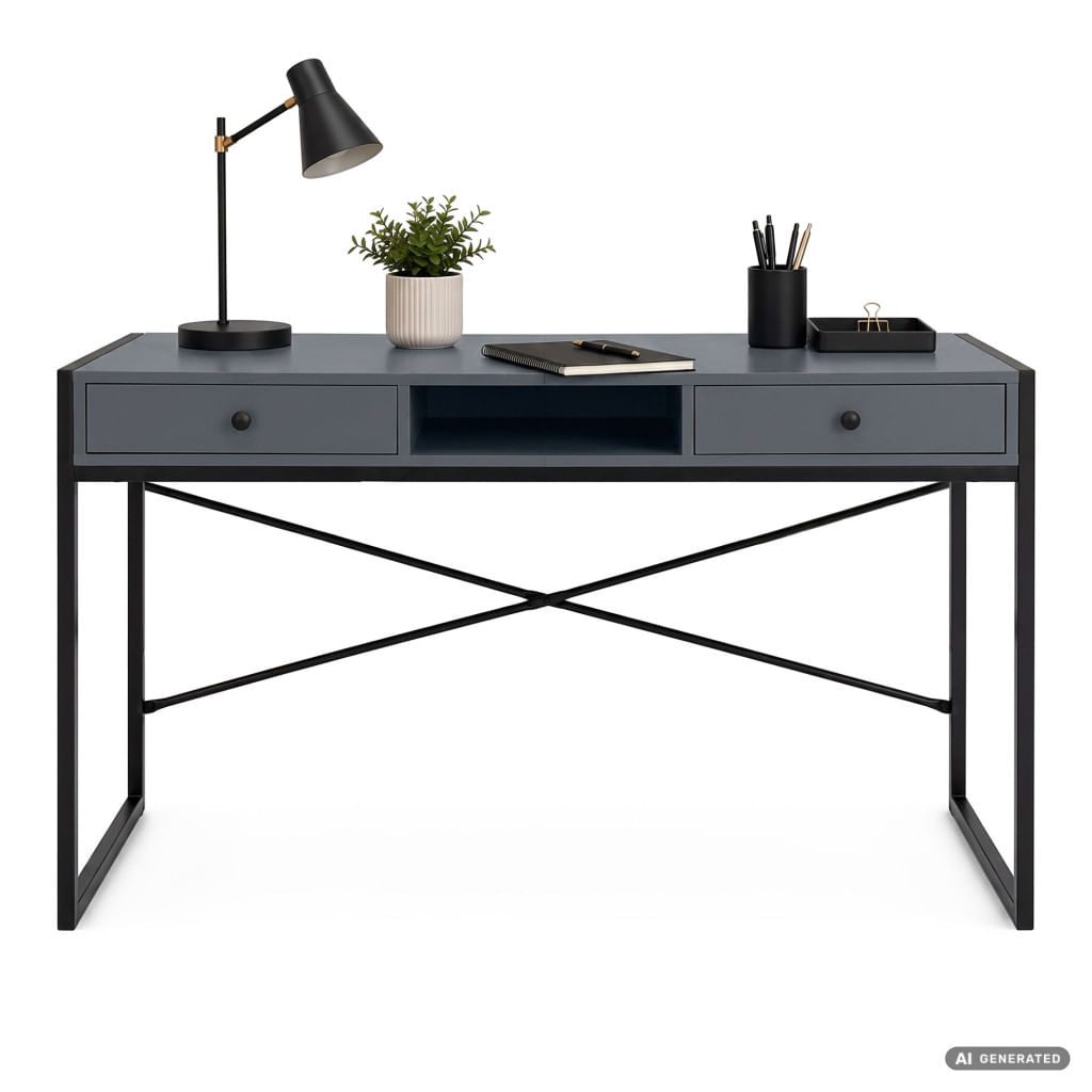 Birou stil industrial, MDF melaminat, cu 2 sertare si raft, cadru metalic, 123x48x81 cm, gri grafit — imaginea 7