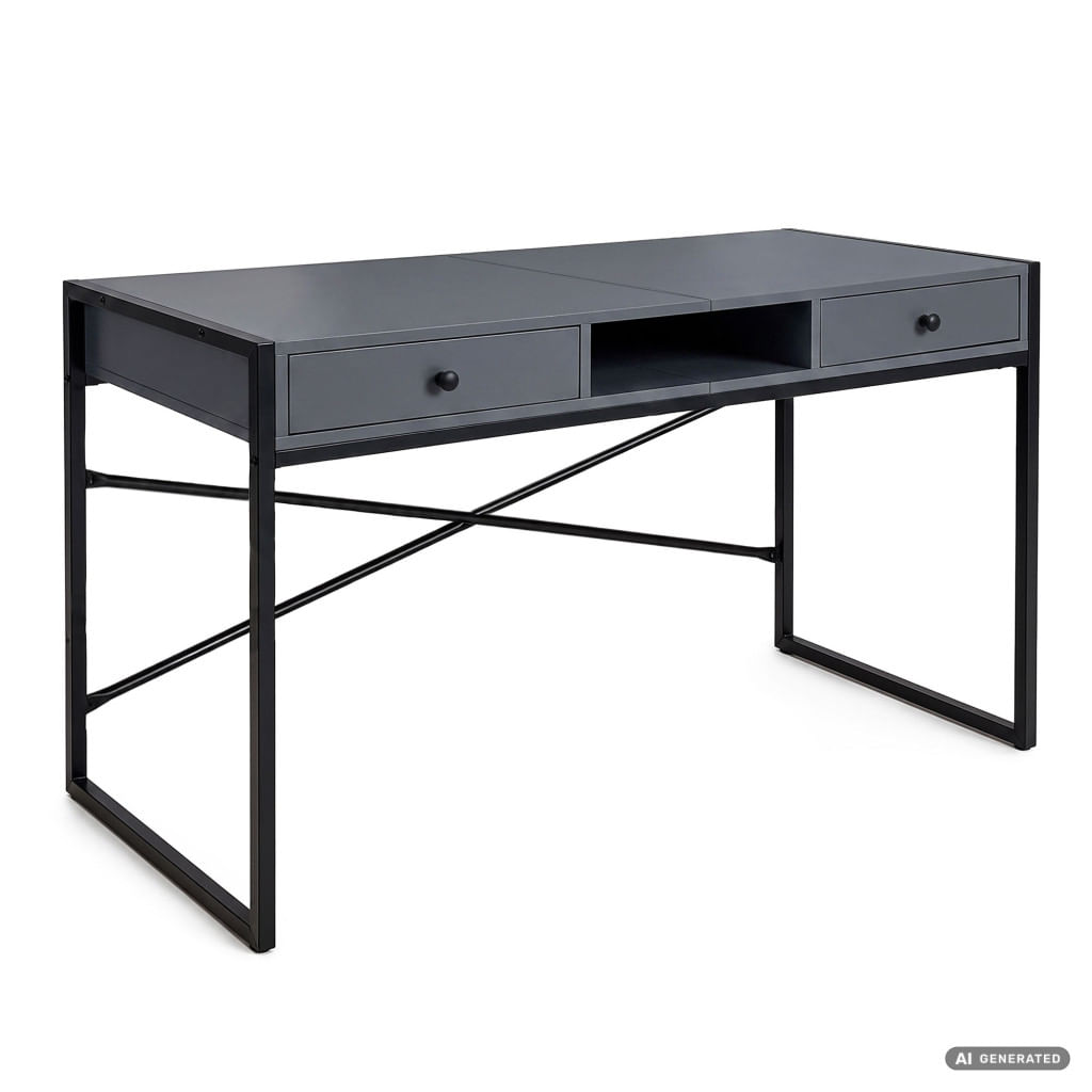 Birou stil industrial, MDF melaminat, cu 2 sertare si raft, cadru metalic, 123x48x81 cm, gri grafit — imaginea 8