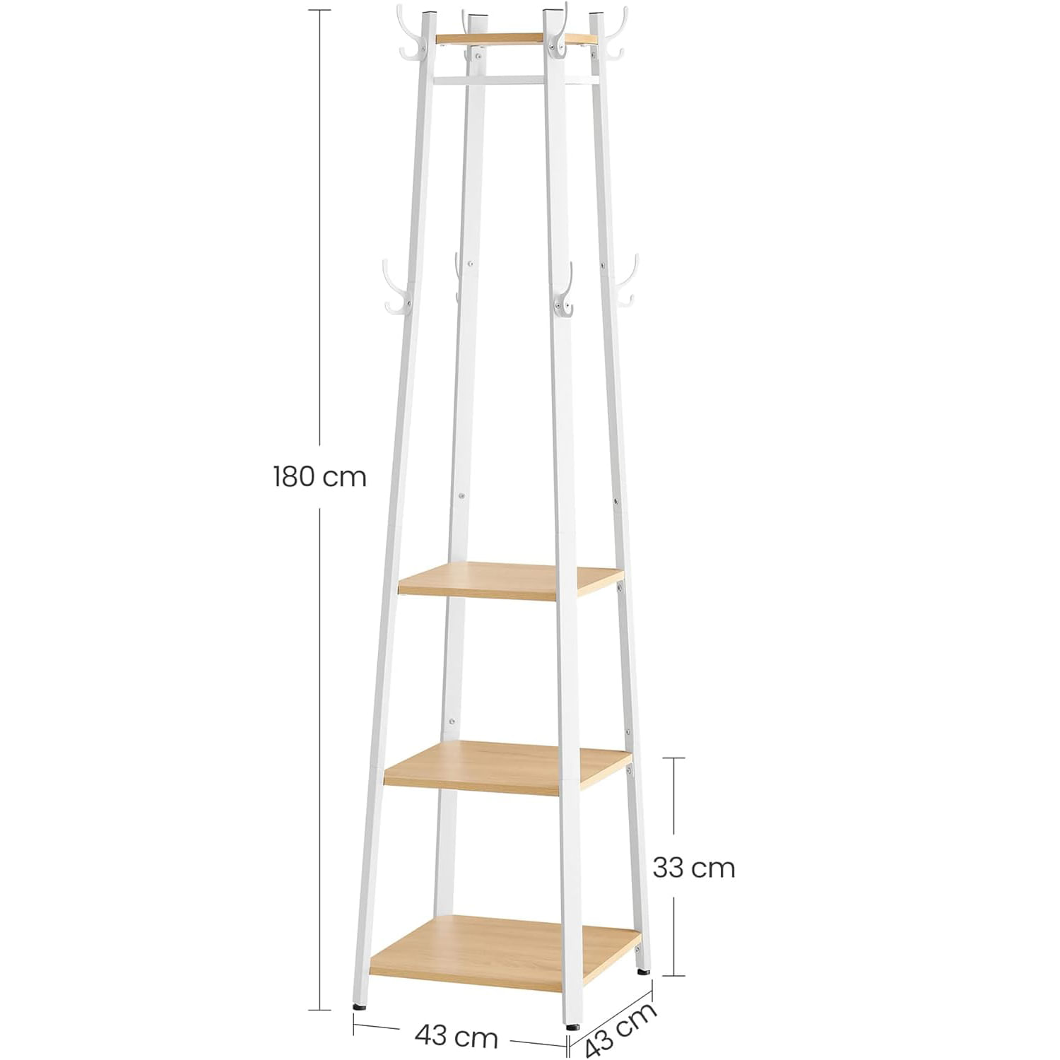 Cuier cu 8 carlige duble, 4 rafturi si bara pentru umerase, cadru metalic, stil industrial, 43x43x180 cm, stejar si alb — imaginea 2