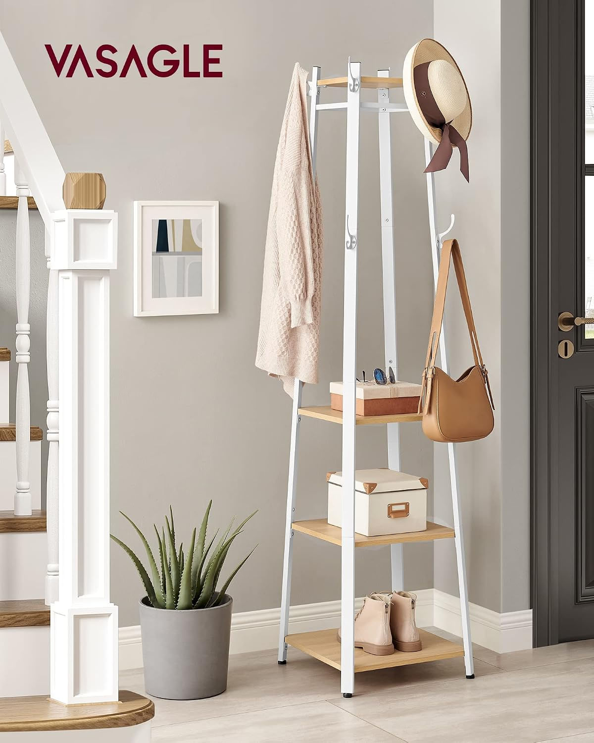 Cuier cu 8 carlige duble, 4 rafturi si bara pentru umerase, cadru metalic, stil industrial, 43x43x180 cm, stejar si alb — imaginea 3