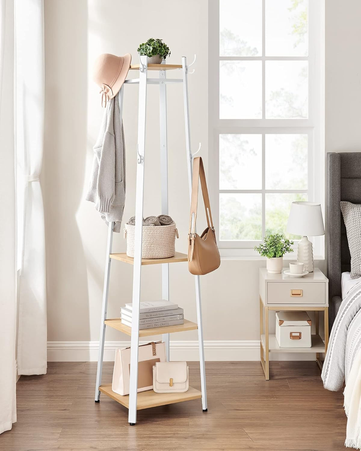 Cuier cu 8 carlige duble, 4 rafturi si bara pentru umerase, cadru metalic, stil industrial, 43x43x180 cm, stejar si alb — imaginea 4