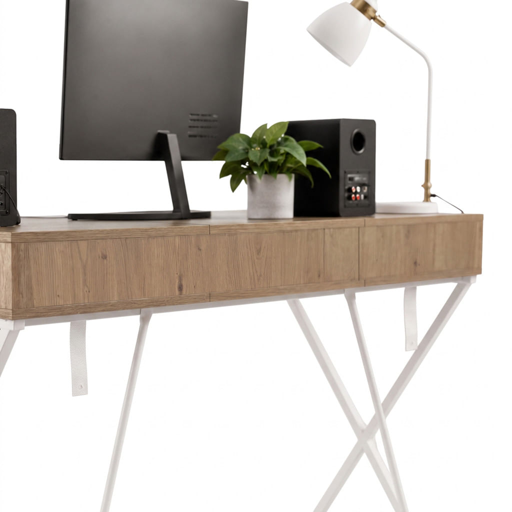 Birou stil industrial, MDF melaminat, cu 2 sertare si raft, cadru metalic, 120x50x81 cm, stejar artisan — imaginea 2