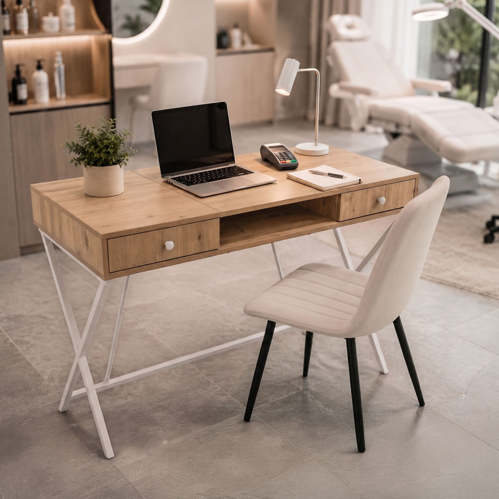 Birou stil industrial, MDF melaminat, cu 2 sertare si raft, cadru metalic, 120x50x81 cm, stejar artisan — imaginea 3