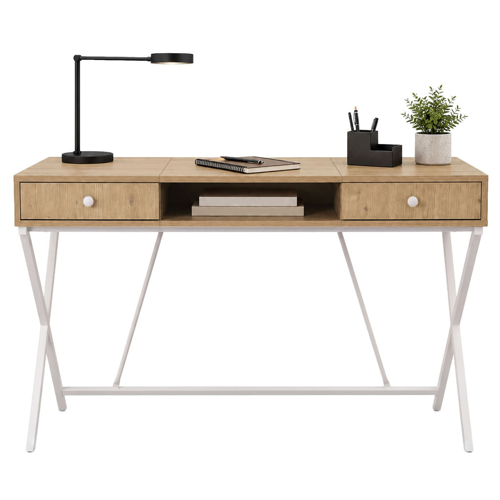 Birou stil industrial, MDF melaminat, cu 2 sertare si raft, cadru metalic, 120x50x81 cm, stejar artisan — imaginea 4