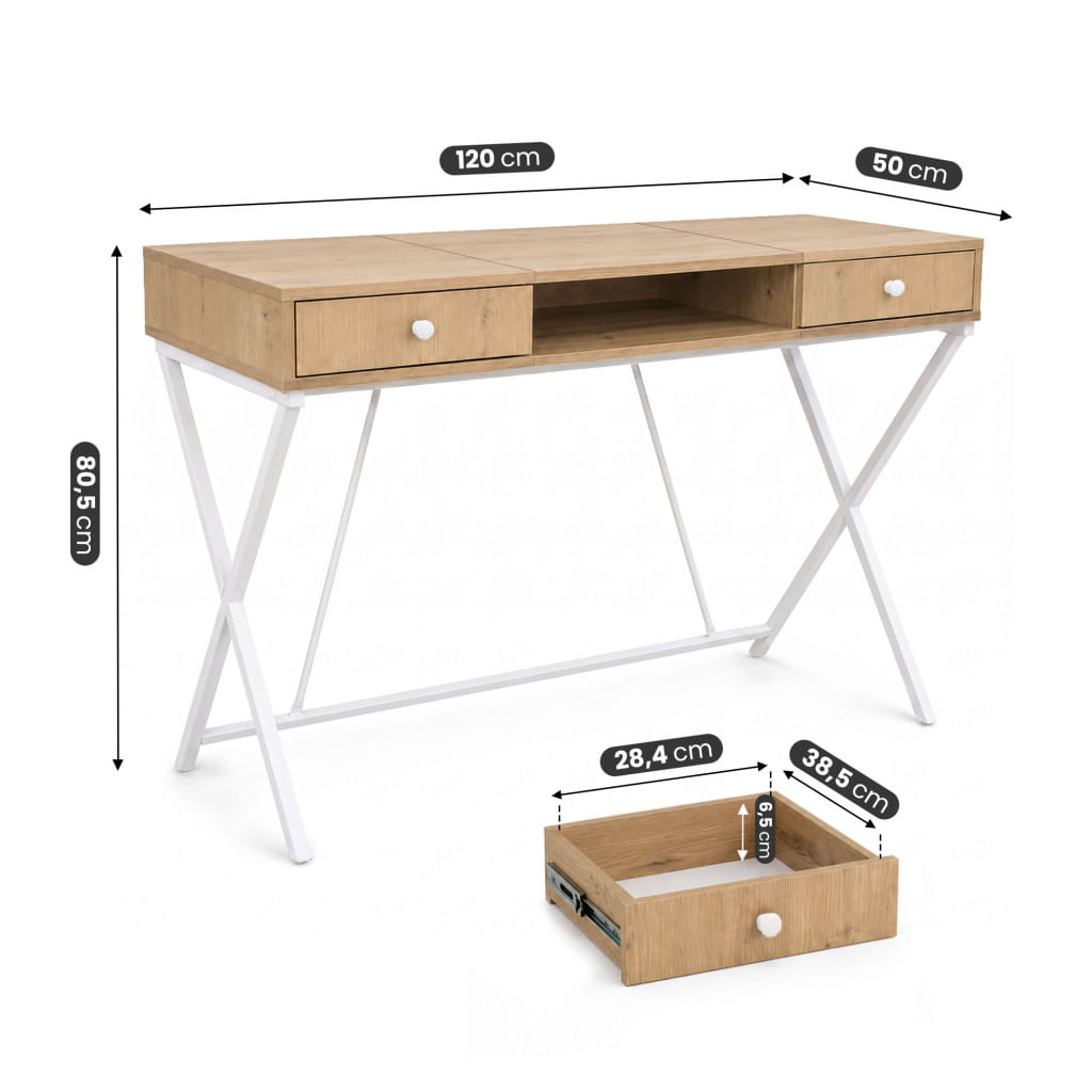 Birou stil industrial, MDF melaminat, cu 2 sertare si raft, cadru metalic, 120x50x81 cm, stejar artisan — imaginea 5