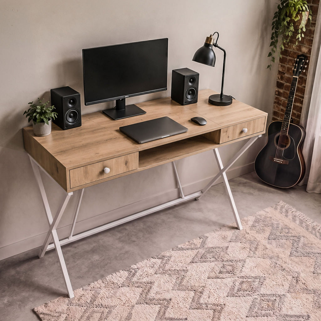 Birou stil industrial, MDF melaminat, cu 2 sertare si raft, cadru metalic, 120x50x81 cm, stejar artisan — imaginea 8