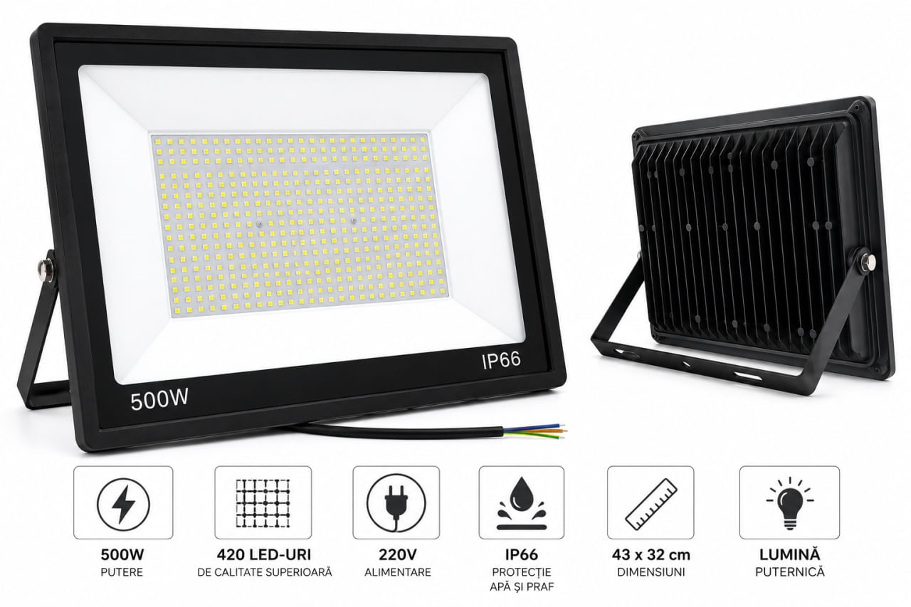 Proiector LED Exterior 500W, 420 LED-uri, Alimentare 220V, IP66, Rezistent la Apa si praf — imaginea 3
