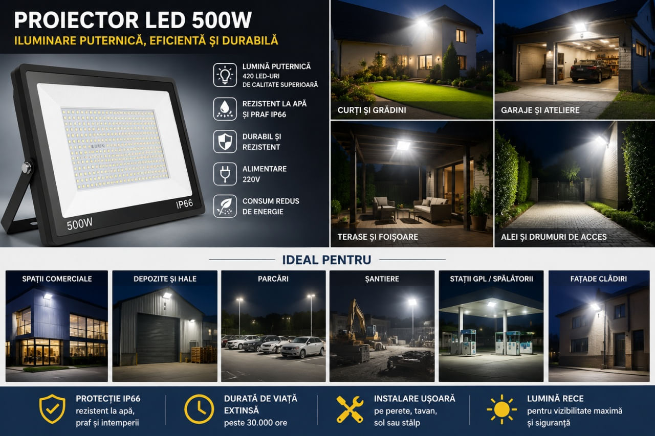 Proiector LED Exterior 500W, 420 LED-uri, Alimentare 220V, IP66, Rezistent la Apa si praf — imaginea 4
