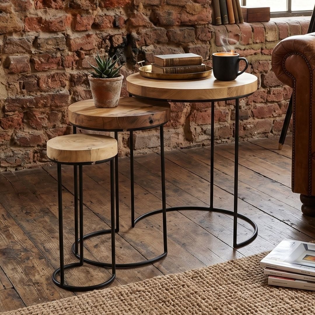 Set 3 masute rotunde, decorative, Home&Styling Collection, lemn de tec si metal — imaginea 2