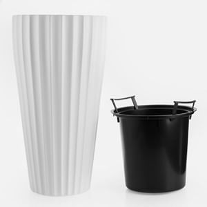 Ghiveci Conici din Plastic Alb cu Dungi în Relief și Recipient Suplimentar