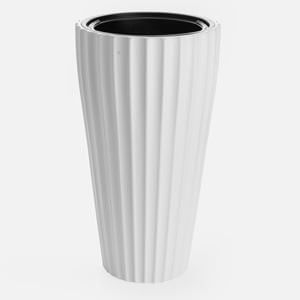 Ghiveci Conici din Plastic Alb cu Dungi în Relief și Recipient Suplimentar — imaginea 2