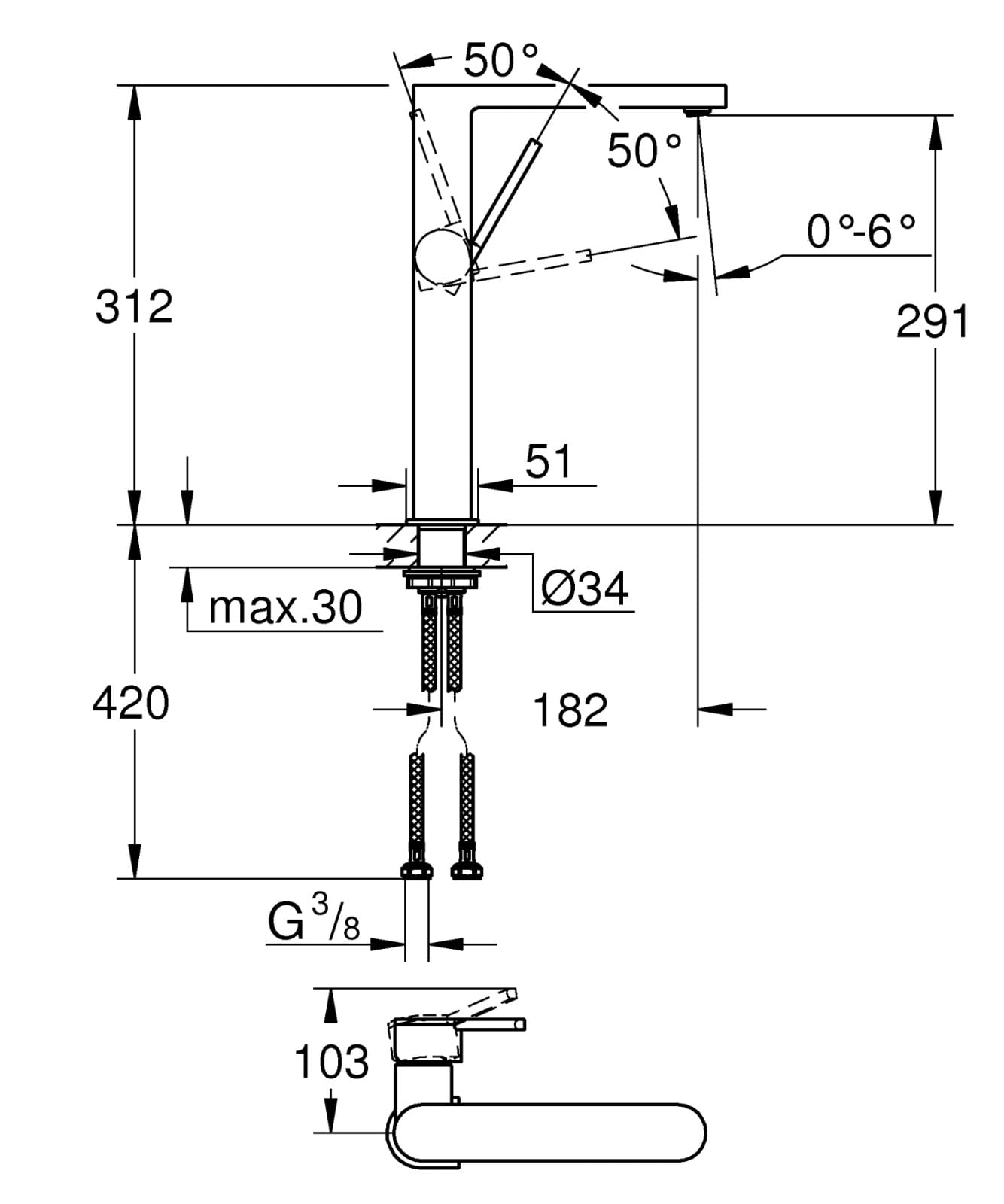 Baterie lavoar Grohe 32618AL3, Plus, 3/8'', XL, 312 mm, mat, grafit — imaginea 4