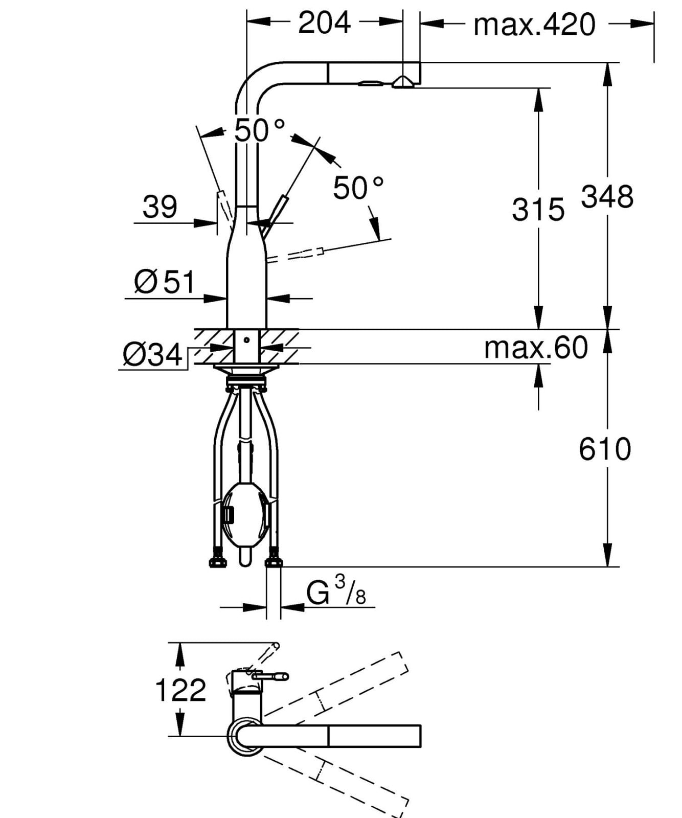 Baterie bucatarie Grohe 30432KF0, Accent, inalta, tip L, dus, mat, negru — imaginea 6