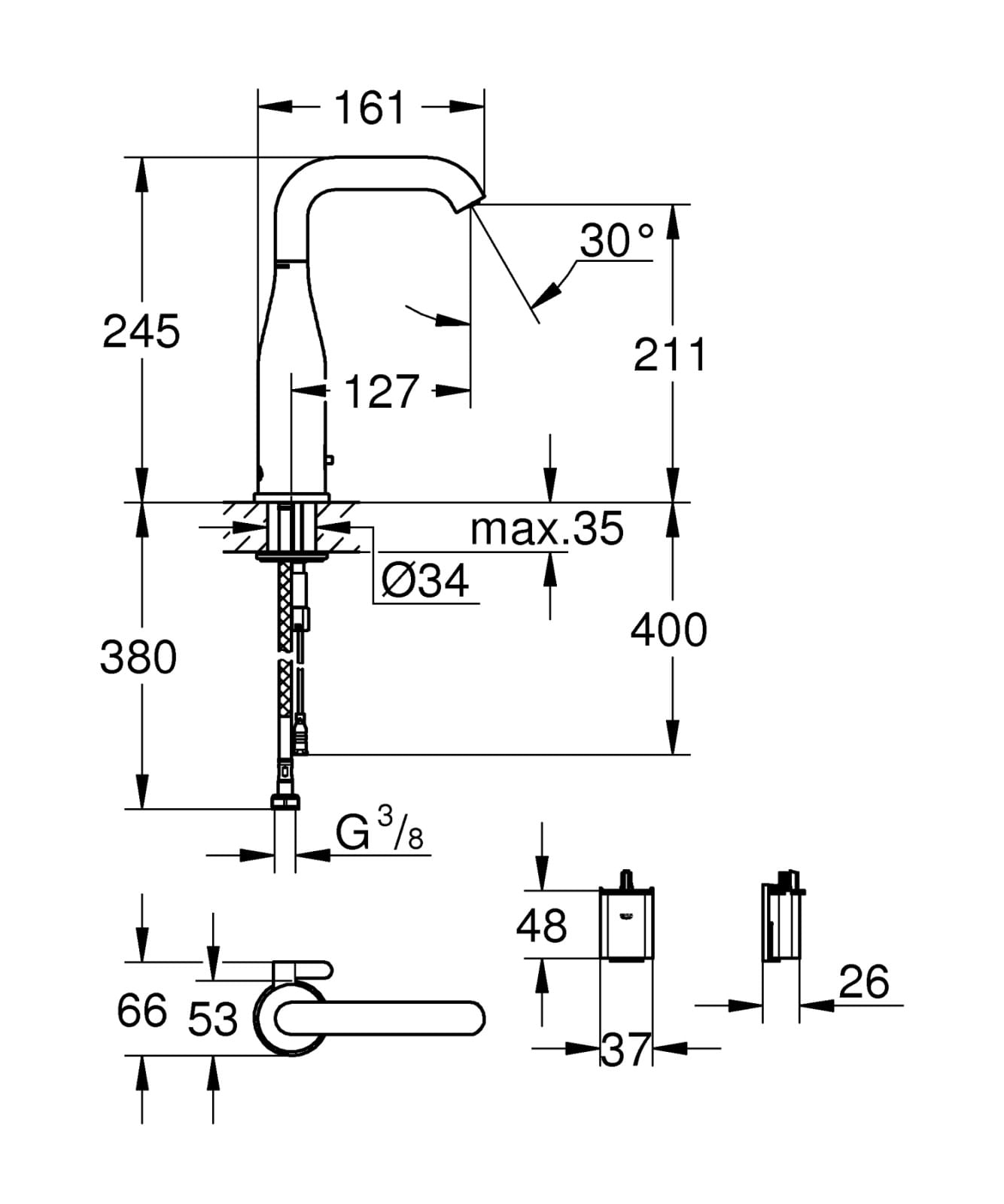 Baterie lavoar cu senzor infrarosu Essence E Grohe 36445AL0, 3/8'', baterie 6V, mixare, 7 programe, dezinfectie — imaginea 3