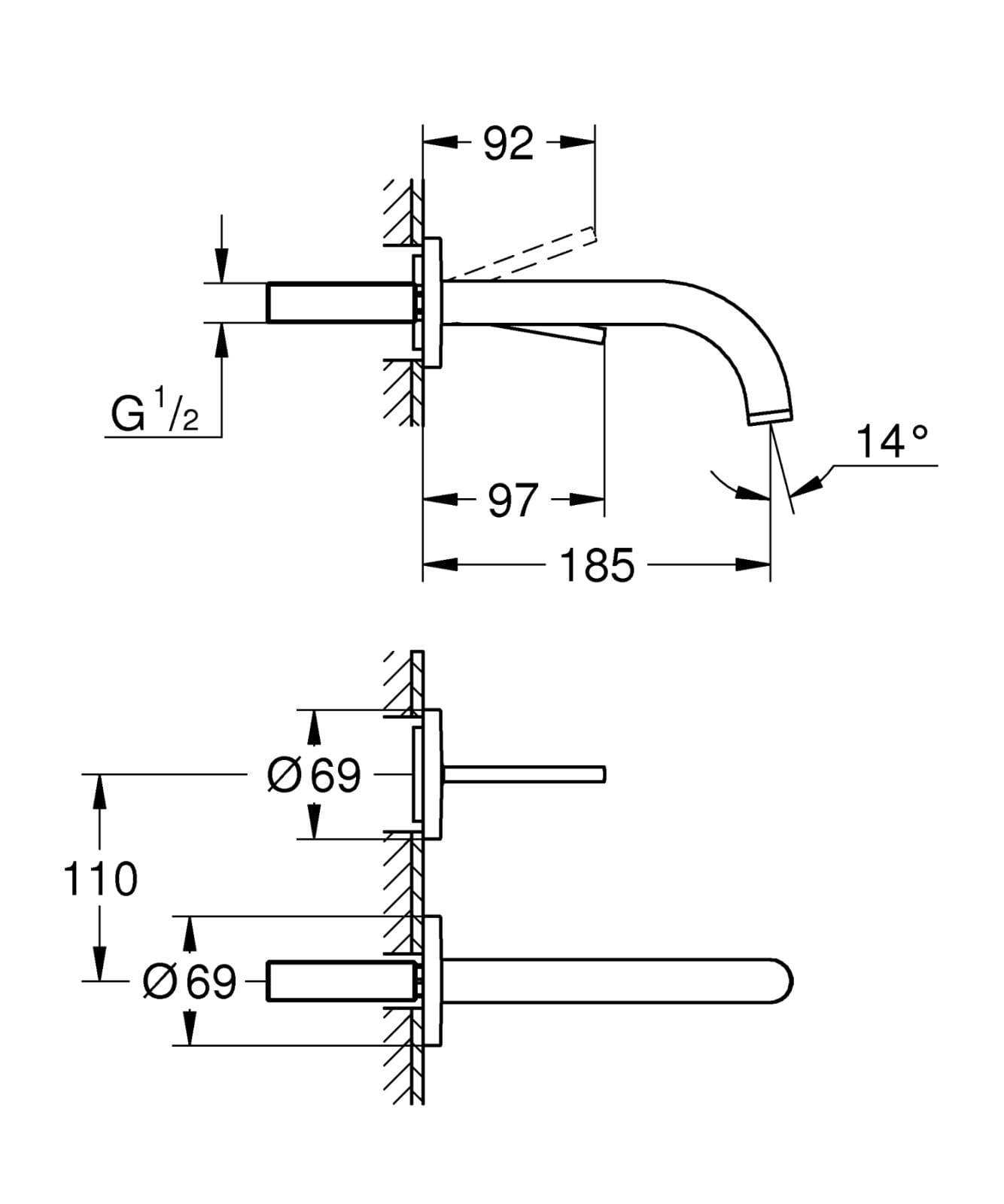 Baterie lavoar Grohe 19287AL3, Atrio, 1/2'', M, 185 mm, pe perete, monocomanda, necesita set fixare, mat, grafit — imaginea 3