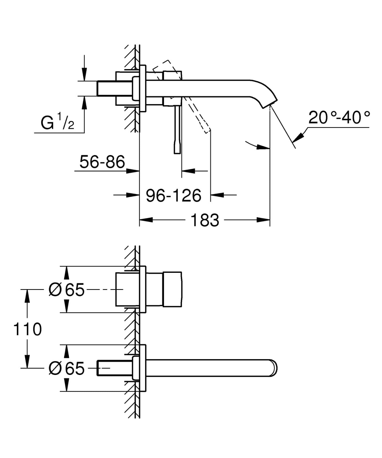 Baterie lavoar Grohe 19408A01, Essence, 1/2'', pe perete, M, 183 mm, necesita valva, lucios, grafit — imaginea 3