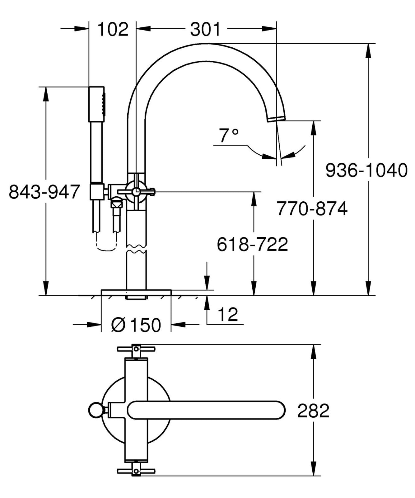 Baterie cada Grohe 25044AL3, Atrio, 1/2'', pe podea, set dus, necesita valva, mat, grafit — imaginea 3