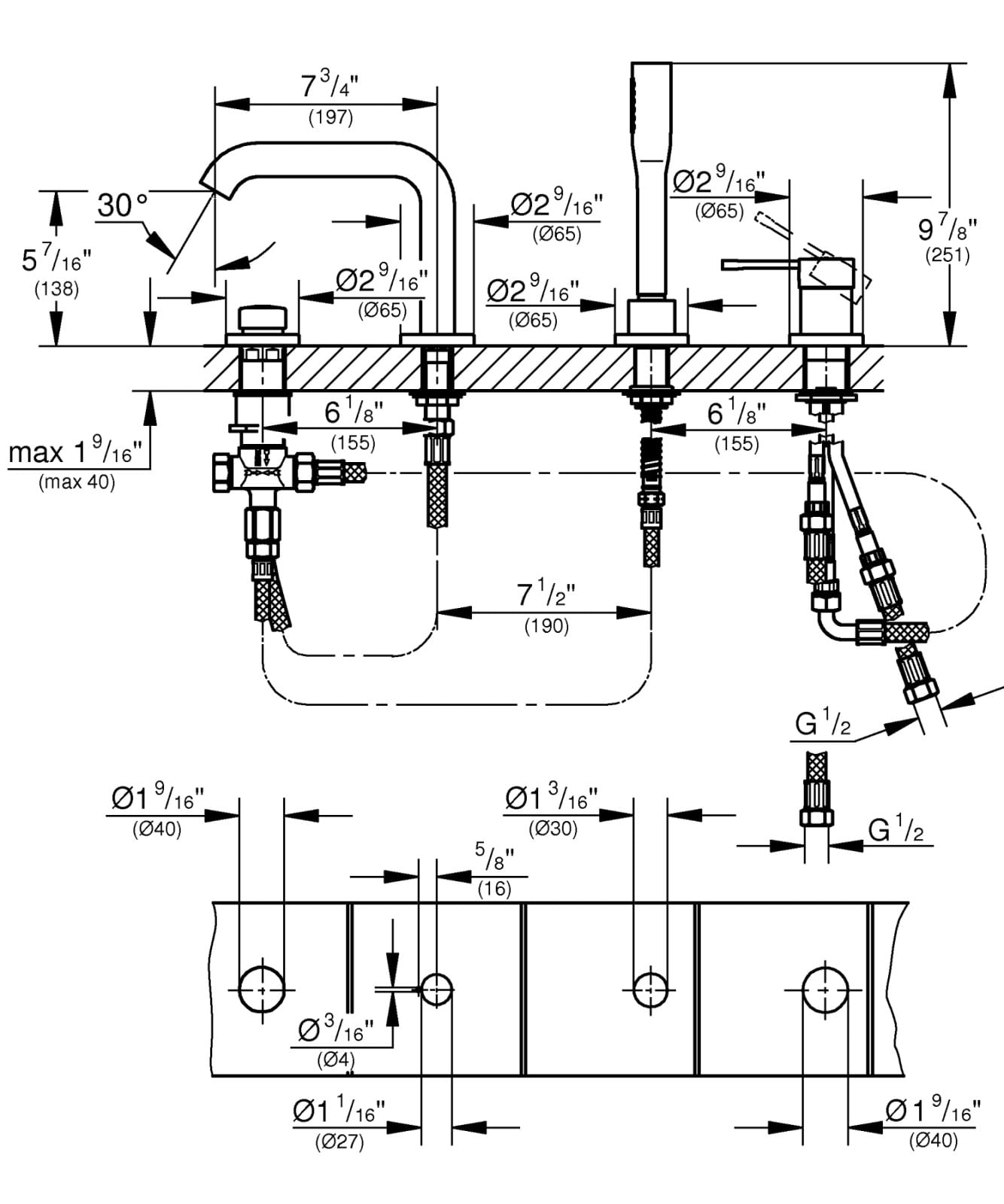 Baterie cada Grohe 19578A01, Essence, 1/2'', pe cada, set de dus, lucios, grafit — imaginea 2