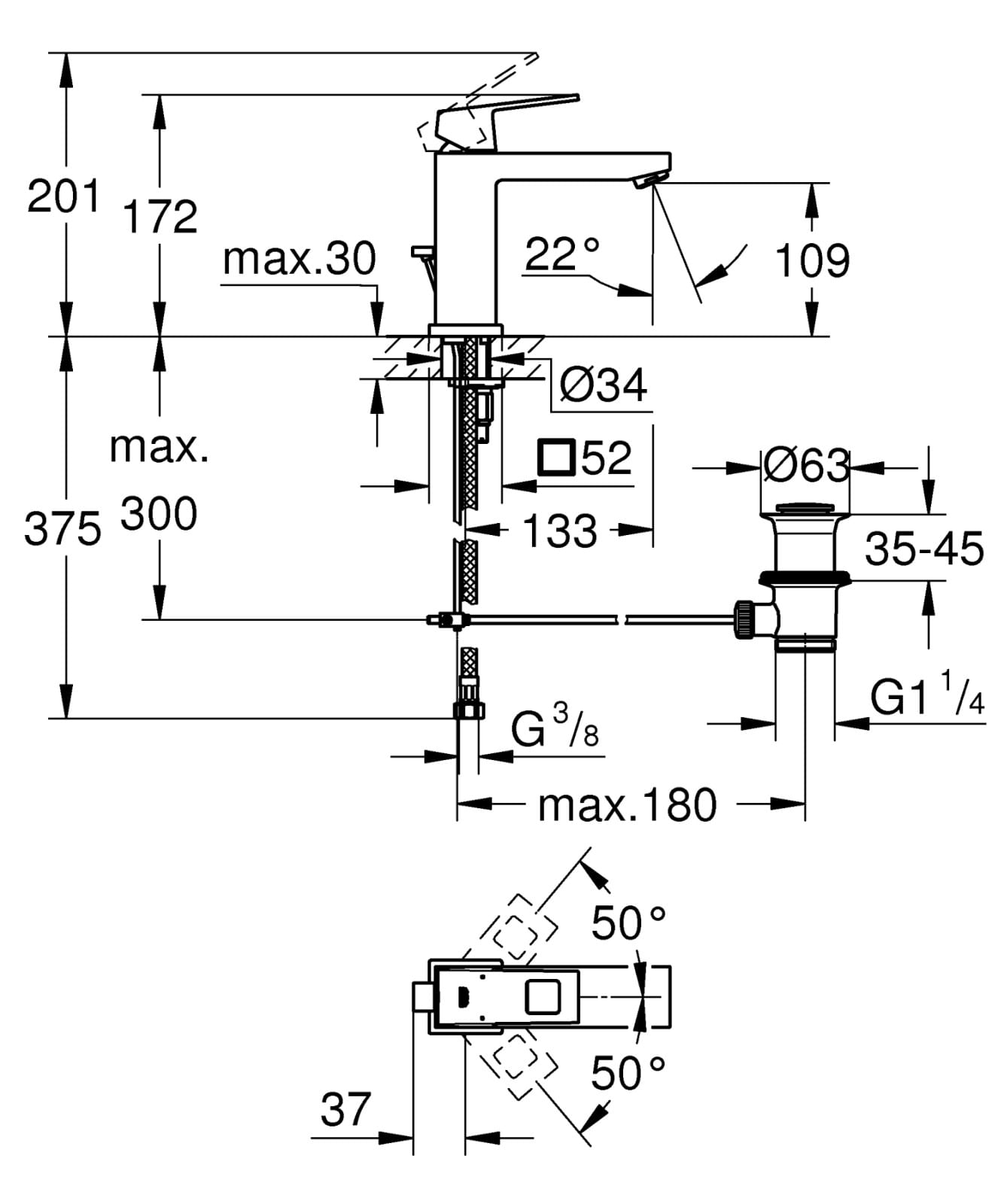 Baterie lavoar Grohe 23445AL0, Eurocube, 3/8'', marimea M, ventil cu tija, mat, grafit — imaginea 4