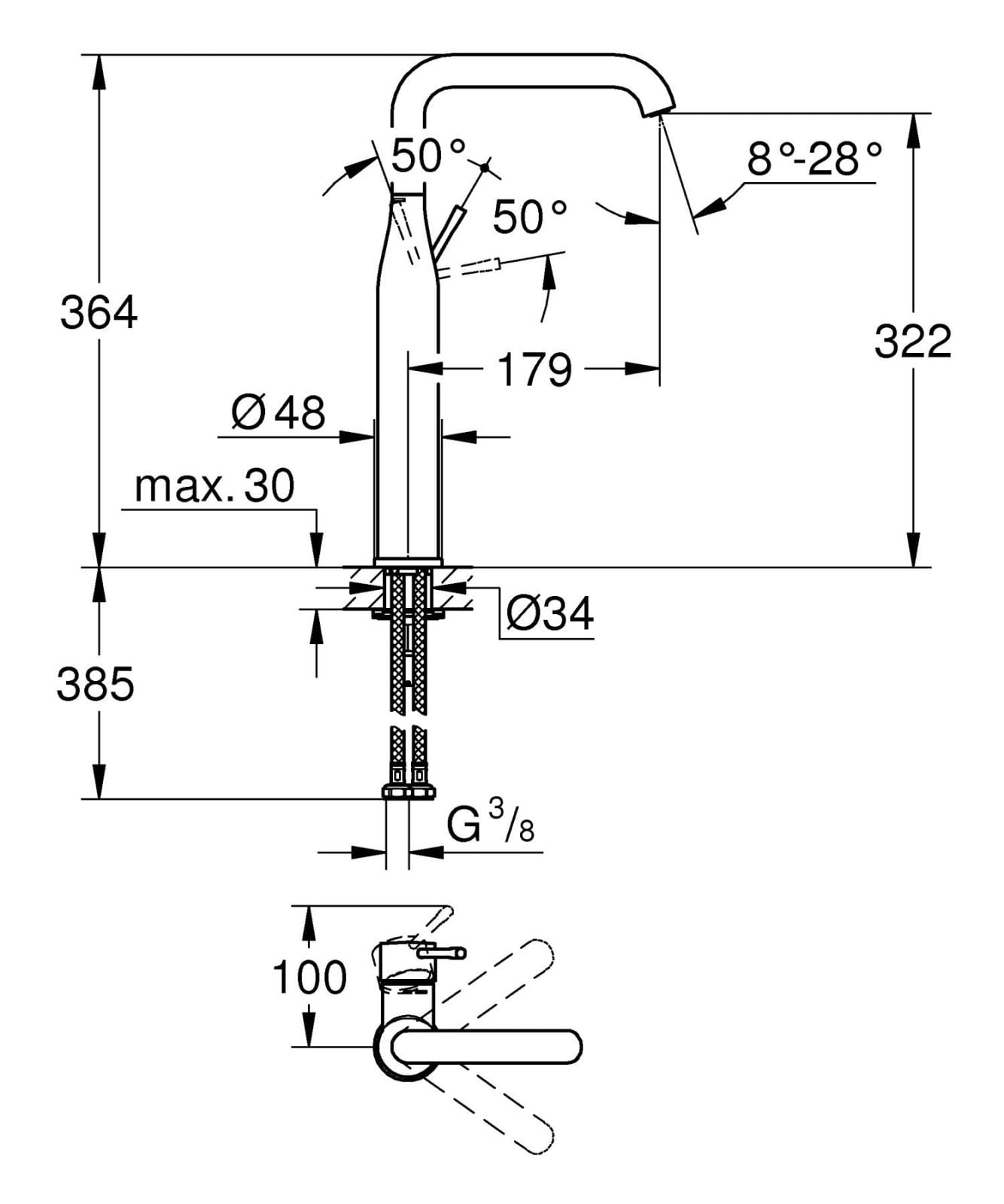 Baterie lavoar Grohe 24170DC1, Essence, XL, 364 mm, pivotanta, mat, otel satinat — imaginea 3