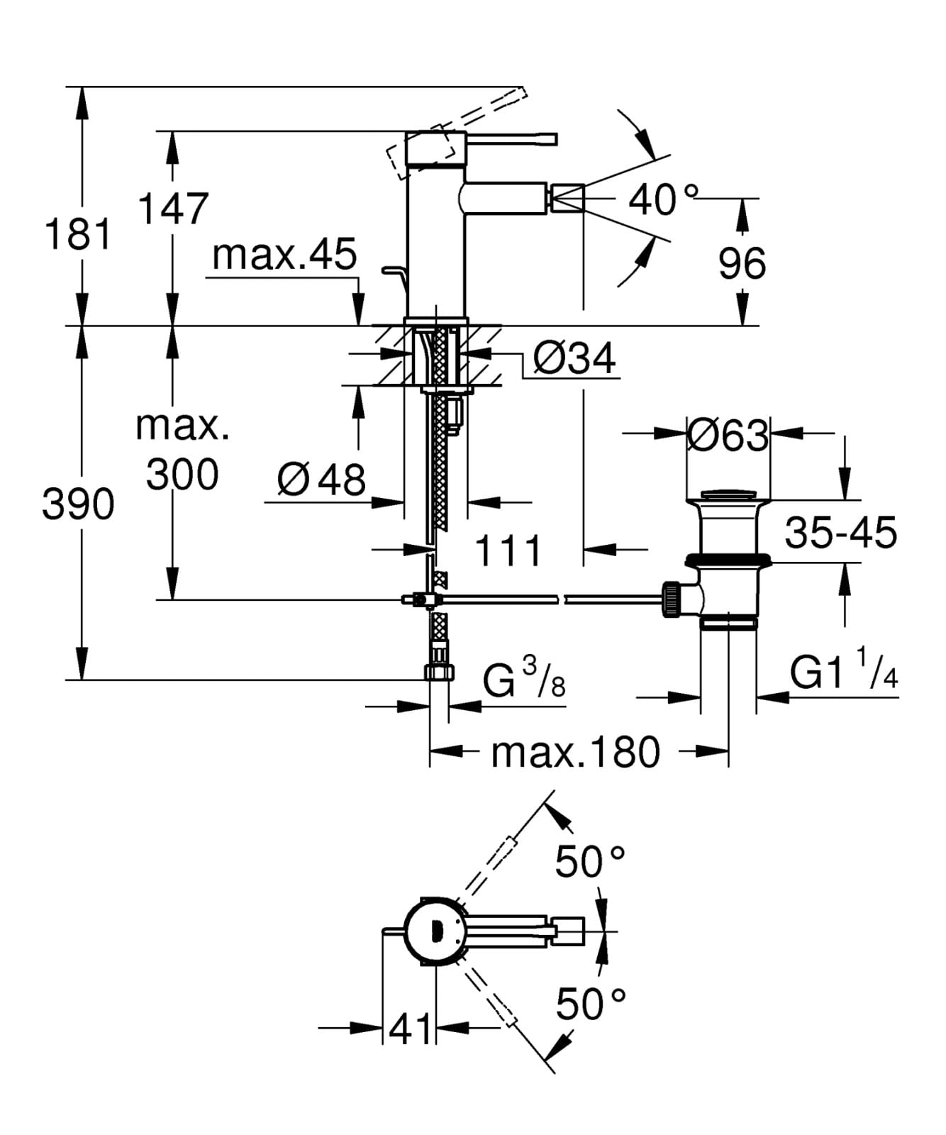 Baterie bideu Grohe 24178AL1, Essence, S, 147 mm, ventil, mat, grafit — imaginea 4