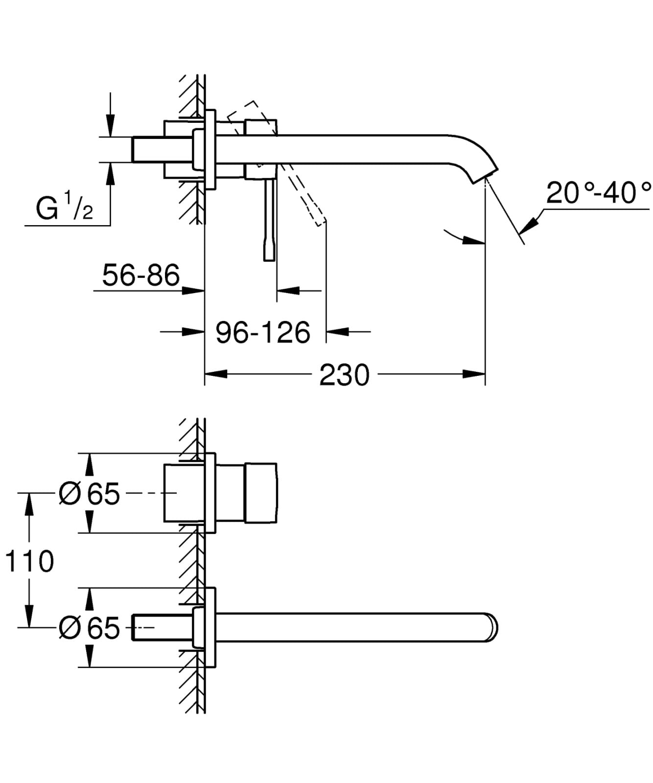 Baterie lavoar Grohe 29193A01, Essence, 1/2'', pe perete, L 230 mm, necesita valva, lucios, grafit — imaginea 3