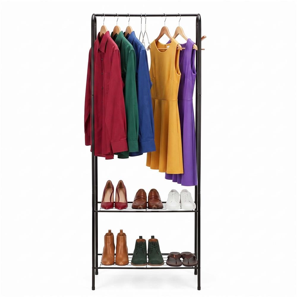 Suport metalic pentru haine cu bara si 2 rafturi, structura otel, 60x34x150 cm, negru — imaginea 3