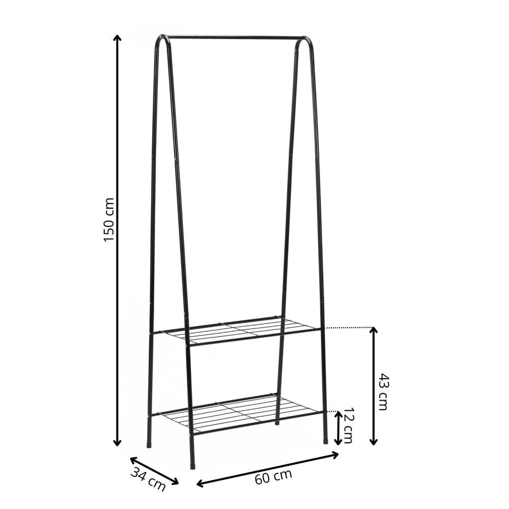 Suport metalic pentru haine cu bara si 2 rafturi, structura otel, 60x34x150 cm, negru — imaginea 9