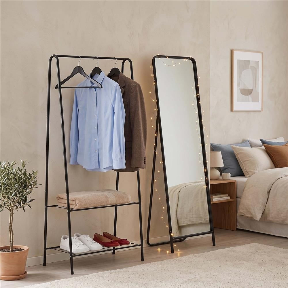 Suport metalic pentru haine cu bara si 2 rafturi, structura otel, 60x34x150 cm, negru — imaginea 18