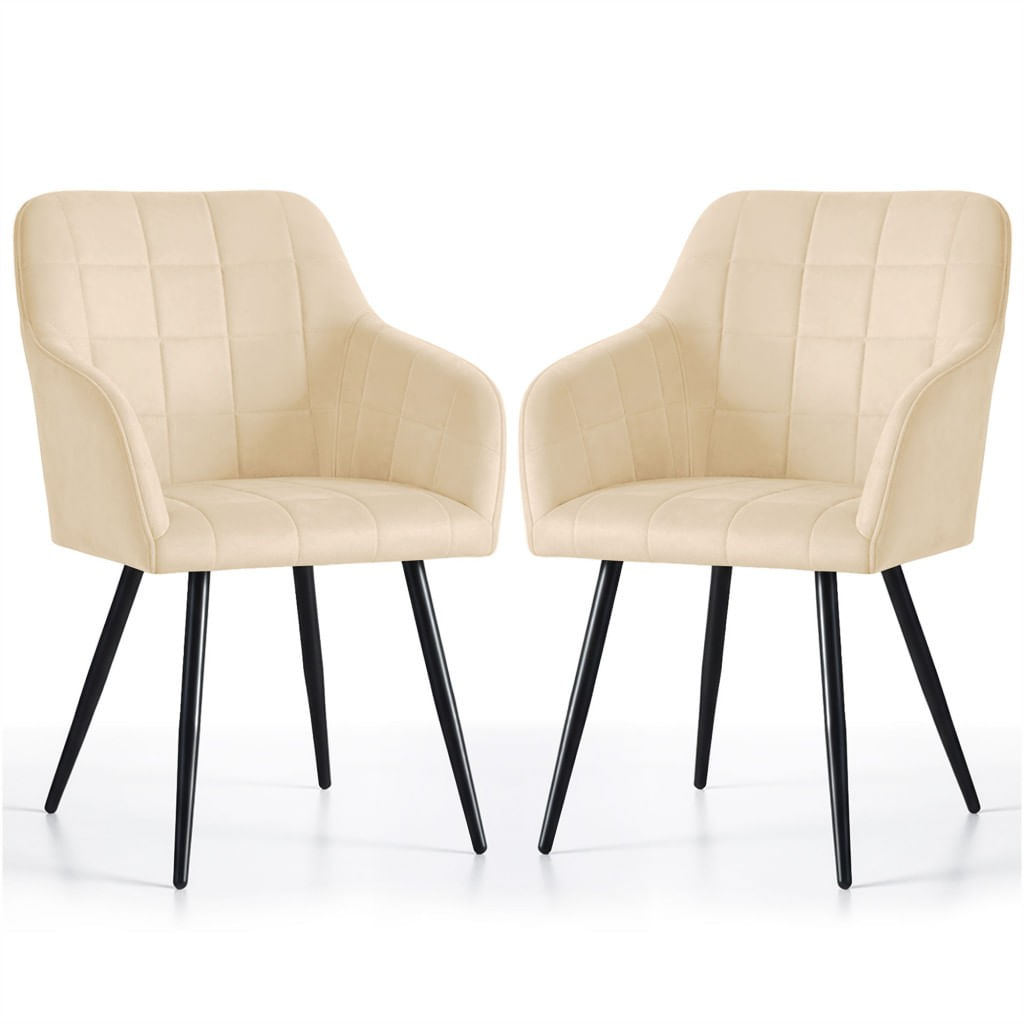 Set 2 scaune dining tapitate cu velur Luxano, cusaturi patrate, 54x58x82 cm, bej deschis — imaginea 2