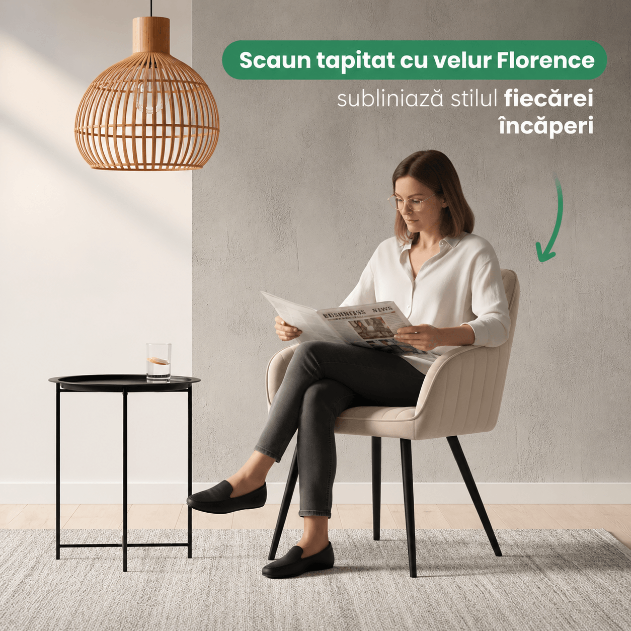 Set 2 scaune dining tapitate din velur Florence, 55x58x82 cm, maxim 120 kg, bej — imaginea 9