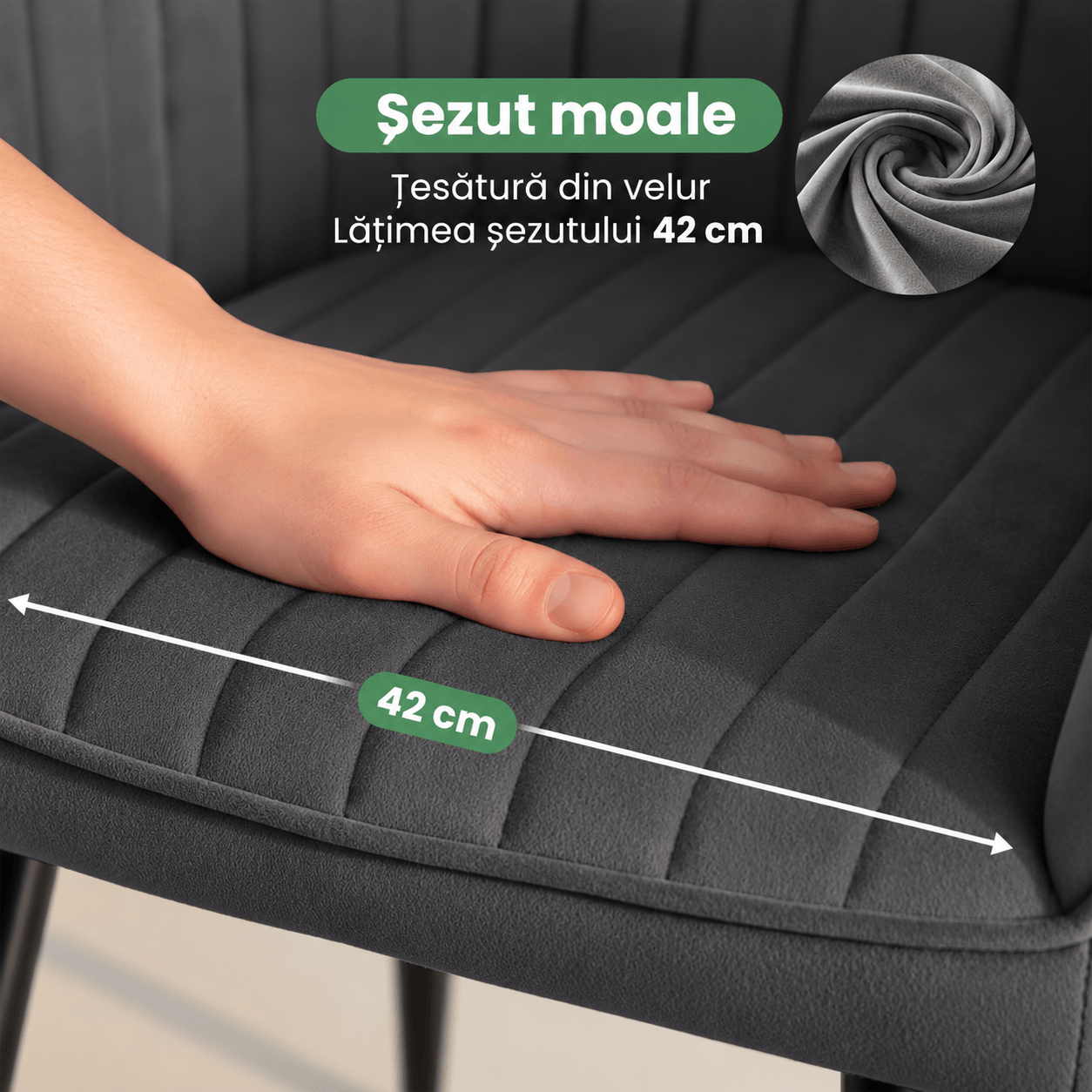 Set 2 scaune dining tapitate din velur Florence, 55x58x82 cm, maxim 120 kg, gri grafit — imaginea 9