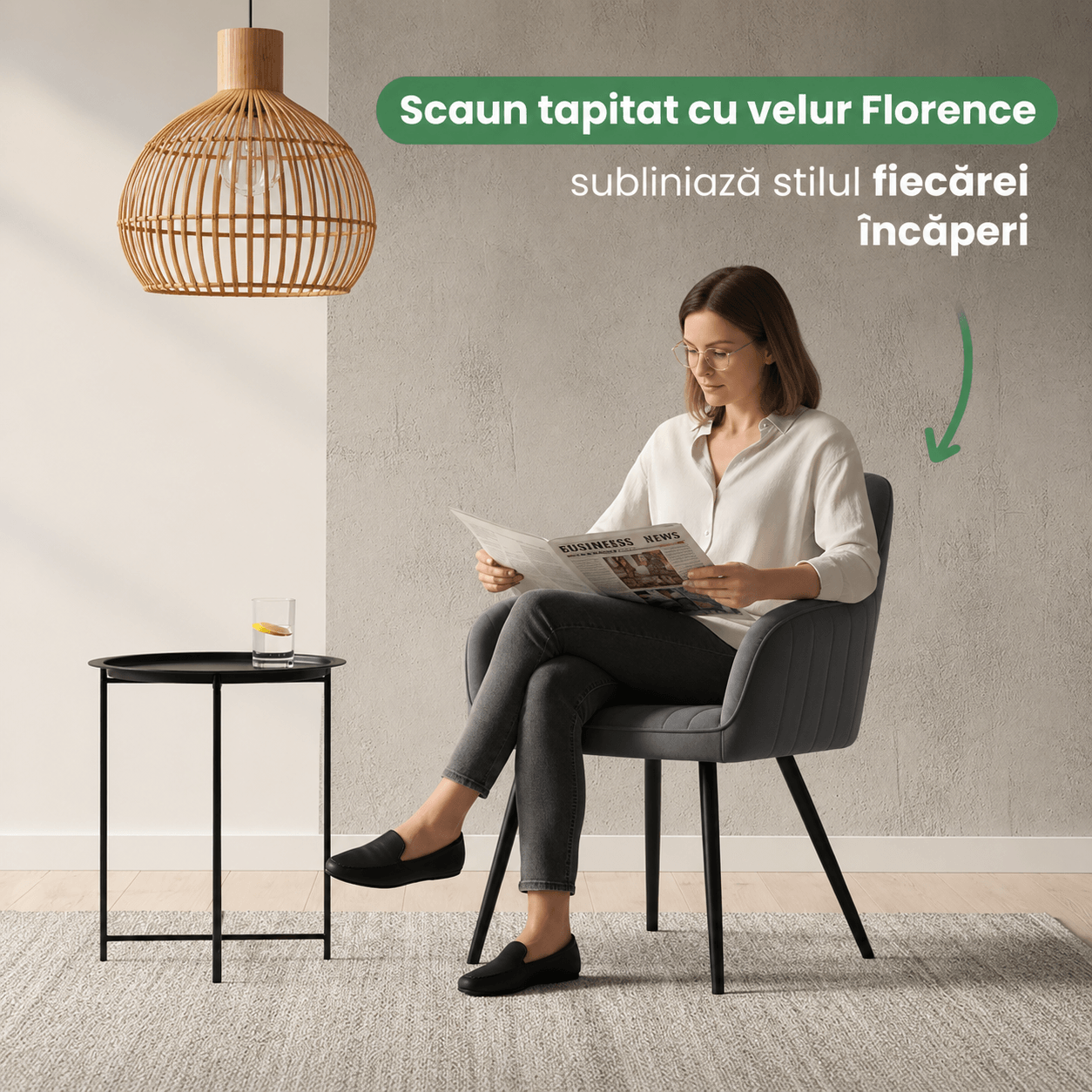 Set 2 scaune dining tapitate din velur Florence, 55x58x82 cm, maxim 120 kg, gri grafit — imaginea 10