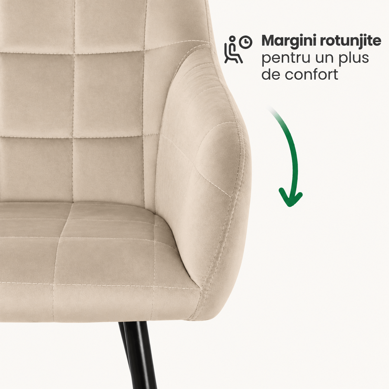 Set 2 scaune dining tapitate cu velur Luxano, cusaturi patrate, 54x58x82 cm, bej deschis — imaginea 4