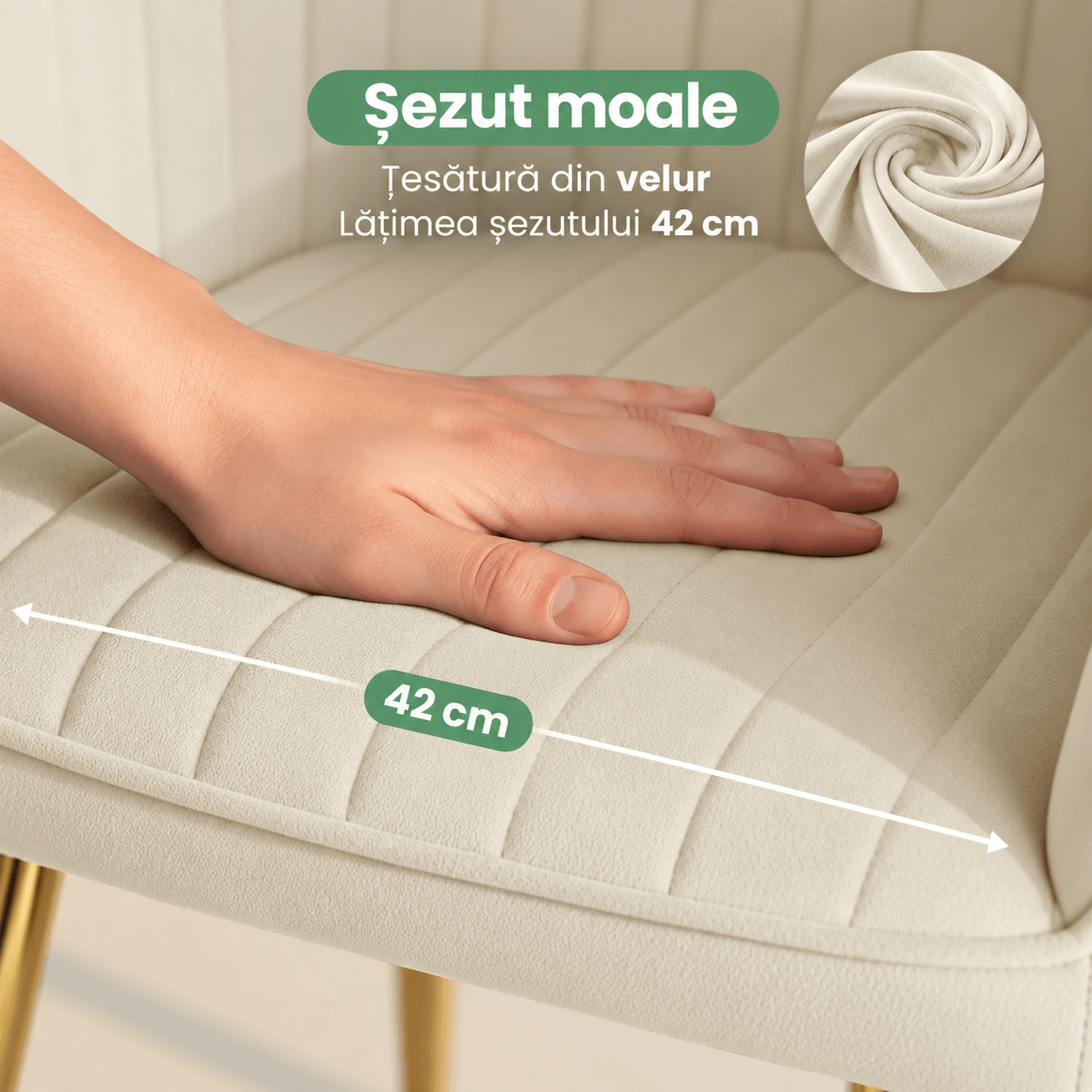 Set 2 scaune dining tapitate din velur Florence, 55x58x82 cm, maxim 120 kg, crem — imaginea 9