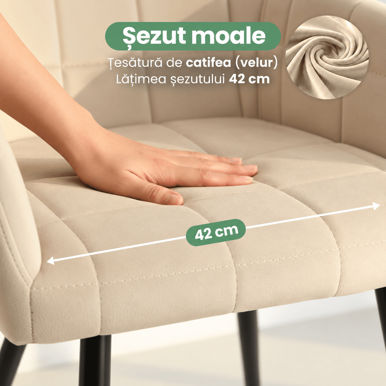 Set 2 scaune dining tapitate cu velur Luxano, cusaturi patrate, 54x58x82 cm, bej deschis — imaginea 5