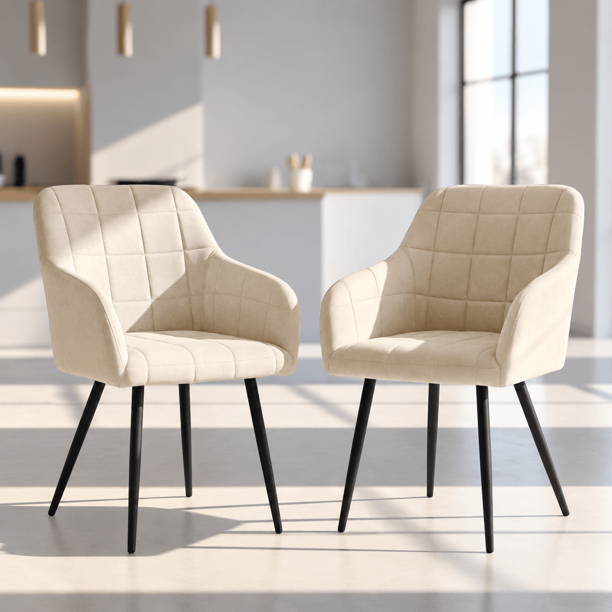 Set 2 scaune dining tapitate cu velur Luxano, cusaturi patrate, 54x58x82 cm, bej deschis — imaginea 6