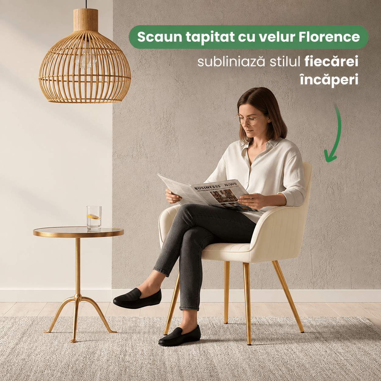 Set 2 scaune dining tapitate din velur Florence, 55x58x82 cm, maxim 120 kg, crem — imaginea 11