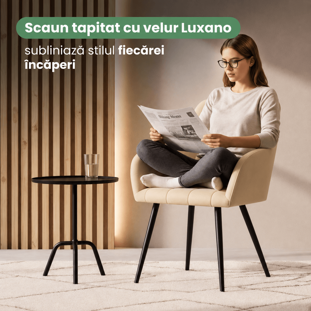 Set 2 scaune dining tapitate cu velur Luxano, cusaturi patrate, 54x58x82 cm, bej deschis — imaginea 8